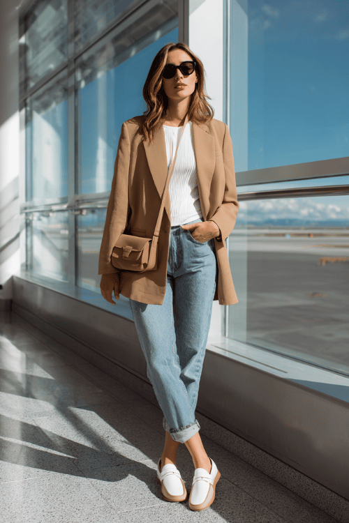 woman wearing an oversized camel blazer over a simple white ribbed tank top and straight-leg medium wash jeans, with white leather loafers and a sleek leather crossbody bag 