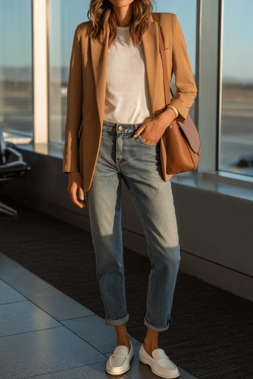 woman wearing an oversized camel blazer over a simple white ribbed tank top and straight-leg medium wash jeans, with white leather loafers and a sleek leather crossbody bag
