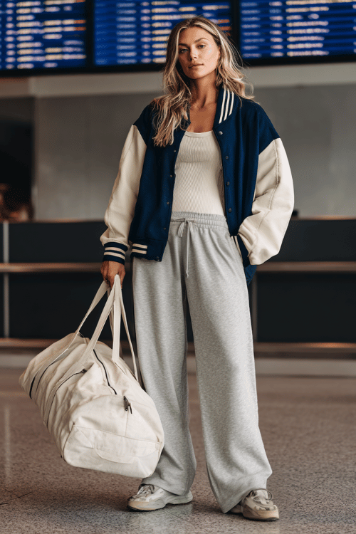 woman wearing an oversized vintage-inspired-varsity-jacket in navy and cream over a soft fitted ribbed long-sleeve top and relaxed wide-leg sweatpants in heather grey