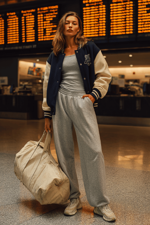 woman wearing an oversized vintage-inspired varsity jacket in navy and cream over a soft fitted ribbed long-sleeve top and relaxed wide-leg sweatpants in heather grey