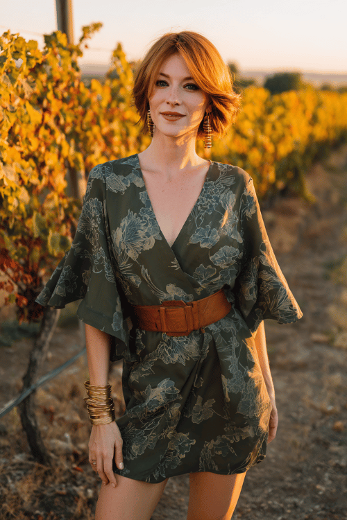 woman with a chic auburn bob wearing a deep olive wrap dress with botanical print and flutter sleeves, a structured leather belt, stacked gold bangles and drop earrings