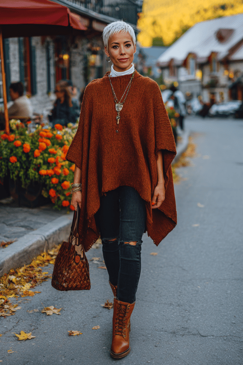 woman with a chic silver pixie cut wearing a cozy oversized rust-colored blanket poncho over a white fitted turtleneck and straight-leg dark wash jeans, tall cognac leather lace-up boots
