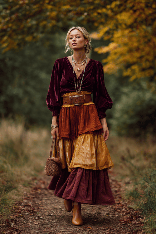 woman with a chic silver updo wearing a rich plum velvet blouse with billowing sleeves tucked into a flowing tiered maxi skirt in warm terracotta and mustard tones