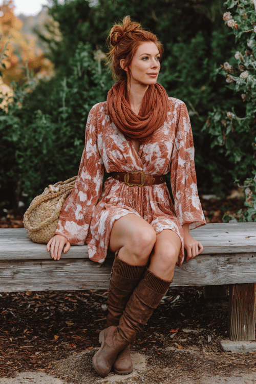 woman with a messy auburn bun wearing a flowy bohemian wrap dress in a soft terracotta and ivory floral print with long billowing sleeves, a simple braided leather belt loosely