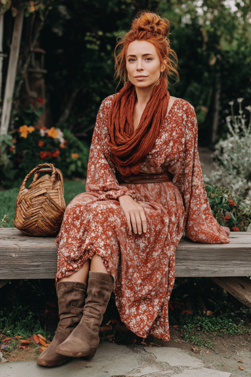 woman with a messy auburn bun wearing a flowy bohemian wrap dress in a soft terracotta and ivory floral print with long billowing sleeves, a simple braided leather belt