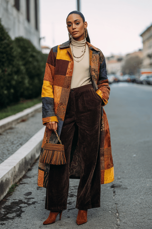 woman with a sleek silver ponytail wearing a vintage-inspired patchwork boho coat in shades of rust, mustard, and navy over a simple cream turtleneck and wide-leg dark brown corduroy trousers
