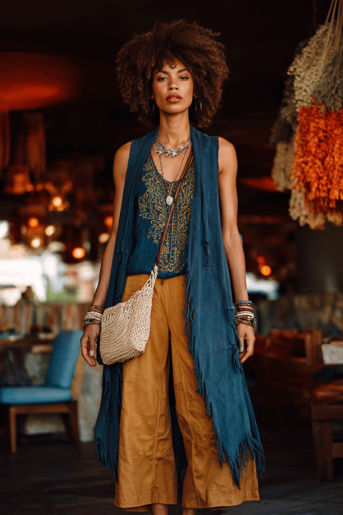 woman with a voluminous silver afro wearing a hand-embroidered bohemian tunic in deep teal and gold over straight-leg camel trousers, a long fringed suede vest