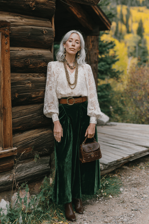 woman with chin-length silver hair wearing a flowing cream lace boho blouse with long sleeves over a rich forest green velvet maxi skirt, a structured cognac leather belt