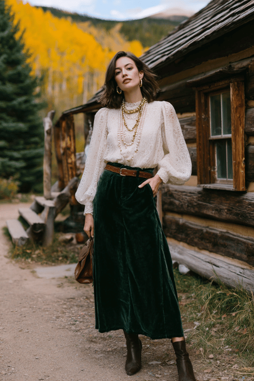 woman with chin-length warm brunette hair wearing a flowing cream lace boho blouse with long sleeves over a rich forest green velvet maxi skirt, a structured cognac leather belt