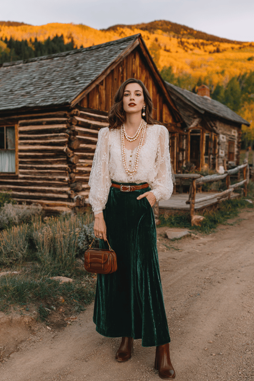 woman with chin-length warm brunette hair wearing a flowing cream lace boho blouse with long sleeves over a rich forest green velvet maxi skirt, a structured cognac leather belt