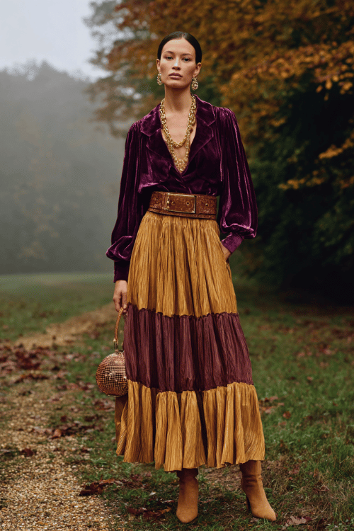 woman with glossy dark hair in a low bun wearing a rich plum velvet blouse with billowing sleeves tucked into a flowing tiered maxi skirt in warm terracotta and mustard tones
