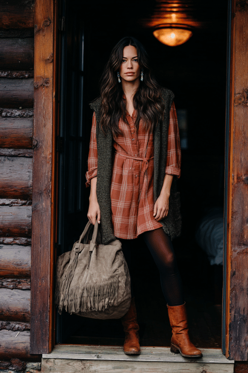 woman with long dark highlighted hair wearing a super soft oversized plaid shirt in warm rust and cream tones as a dress belted loosely at the waist, dark opaque tights, a long chunky knit vest