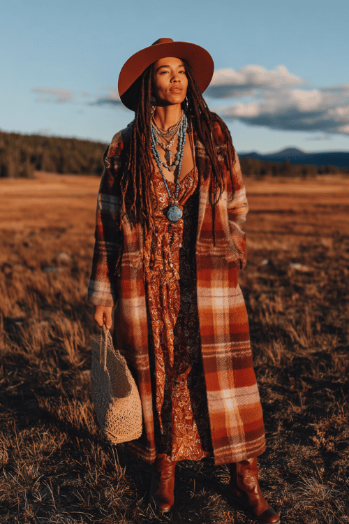 woman with long dark highlighted locs wearing a cozy oversized plaid blanket coat in rust and cream tones over a flowy printed boho midi dress in warm autumn hues, tall chocolate brown leather boots