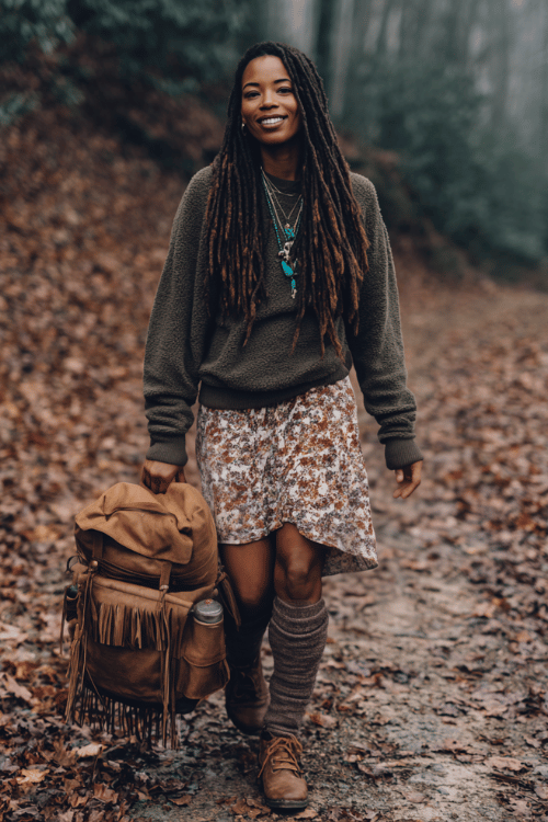 woman with long dark locs wearing an extra cozy oversized fleece pullover in warm olive green over a flowy floral boho midi skirt in muted rust and ivory tones