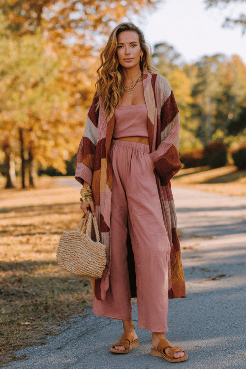 woman with loose auburn waves wearing a cozy matching lounge set featuring wide-leg pants and an oversized top in soft dusty rose, a long flowy patchwork boho duster coat