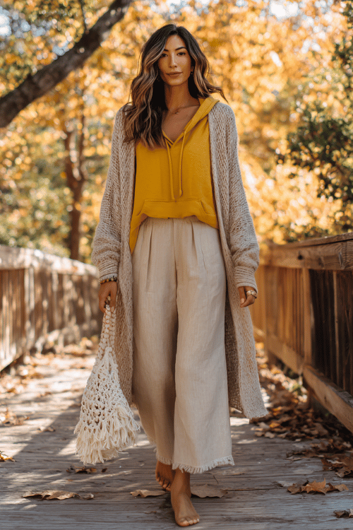 woman with loose dark wavy hair wearing a soft oversized mustard yellow hoodie with raw hem detailing layered under a long open-front boho cardigan in warm oatmeal with fringe hem