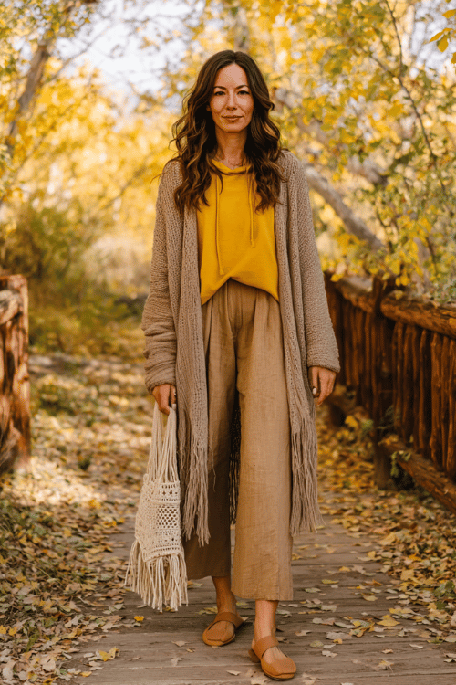 woman with loose dark wavy hair wearing a soft oversized mustard yellow hoodie with raw hem detailing layered under a long open-front boho cardigan in warm oatmeal with fringe hem
