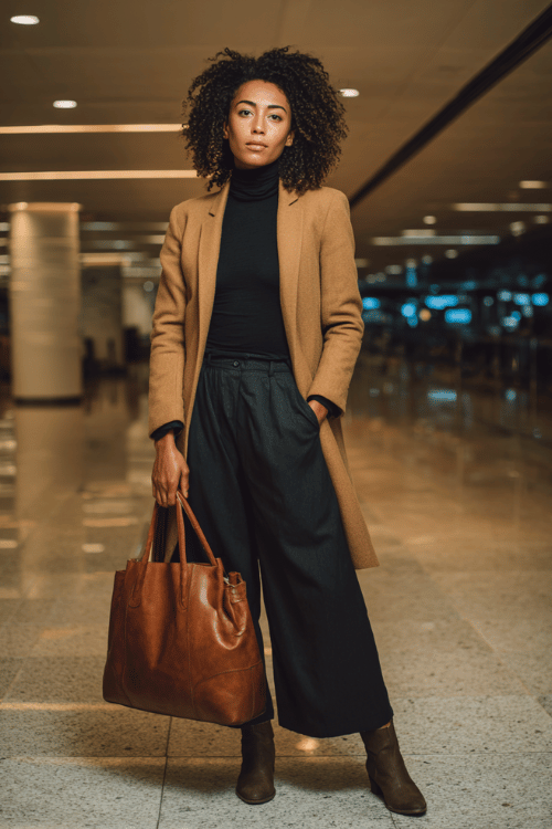 woman with natural coily hair wearing a tailored camel longline blazer over a fitted black turtleneck and wide-leg trousers, paired with leather ankle boots