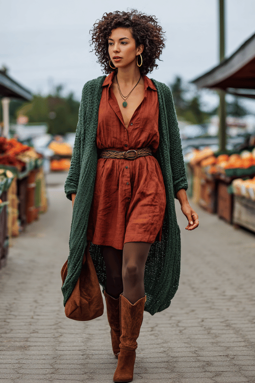 woman with natural dark curly hair wearing a relaxed rust-colored linen shirt dress belted at the waist with a braided leather belt, opaque dark tights, a long open-front boho cardigan