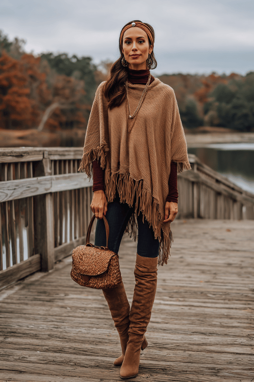woman with rich dark hair in a loose updo wearing a luxurious camel-toned fringed poncho over a fitted dark burgundy turtleneck and straight-leg dark wash jeans, tall suede over-the-knee boots