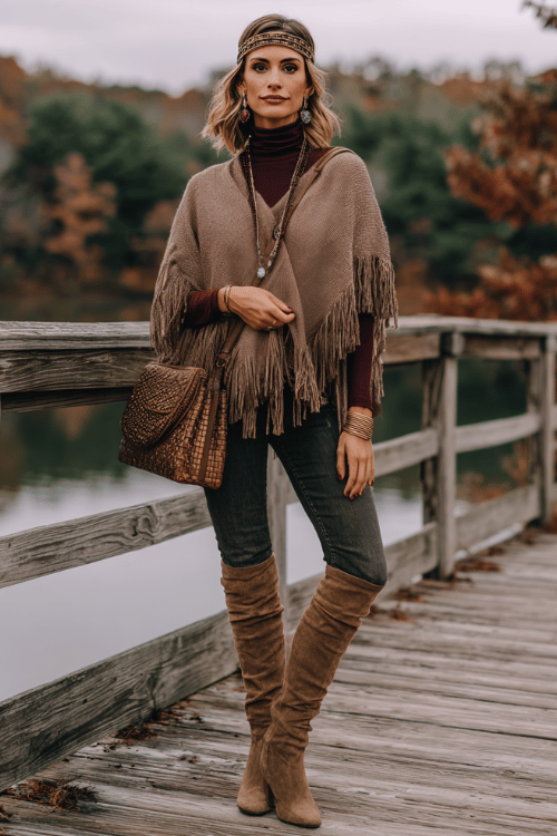 woman with salt and pepper shoulder-length hair wearing a luxurious camel-toned fringed poncho over a fitted dark burgundy turtleneck and straight-leg dark wash jeans