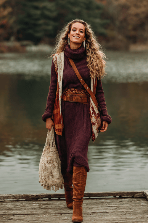 woman with silver and blonde highlighted waves wearing a cozy deep plum knit maxi dress with a relaxed turtleneck and long sleeves, a thick braided suede belt, a long open-front patchwork boho vest