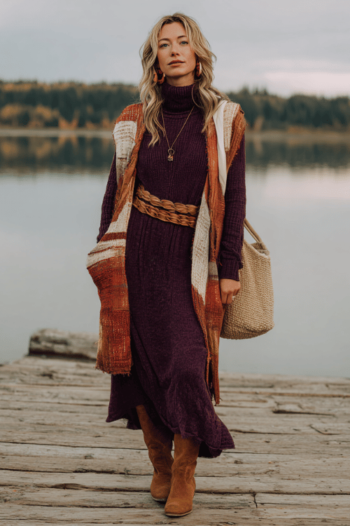 woman with silver and blonde highlighted waves wearing a cozy deep plum knit maxi dress with a relaxed turtleneck and long sleeves, a thick braided suede belt, a long open-front patchwork boho vest