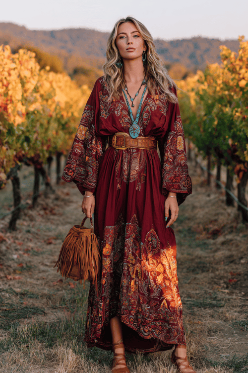 woman with silver highlighted beach waves wearing a richly embroidered bohemian maxi dress in deep burgundy and gold tones with long flowy sleeves, a wide braided leather belt, layered turquoise