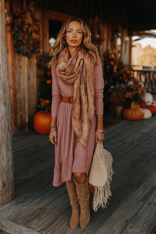 woman with silver highlighted shoulder-length waves wearing a soft dusty rose knit maxi dress with long sleeves and a relaxed silhouette, a long boho printed scarf in warm