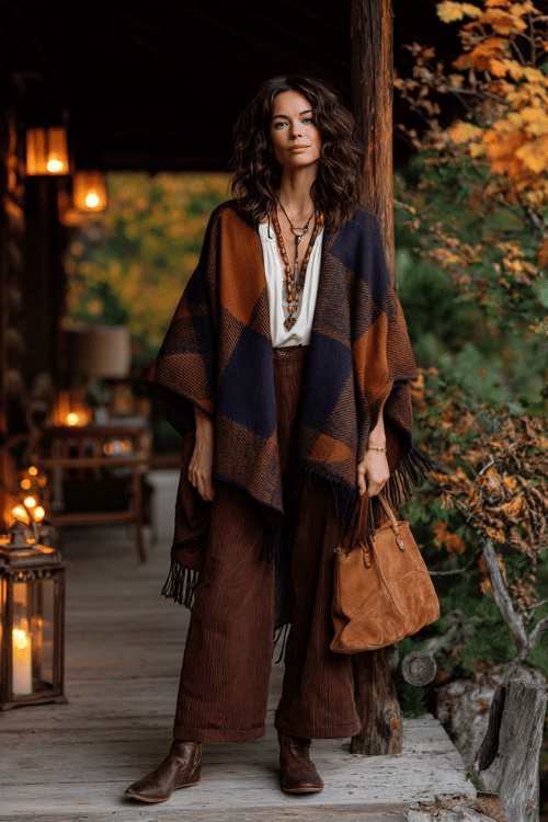 woman with soft dark wavy hair wearing a luxuriously soft oversized blanket poncho in a warm rust and navy plaid pattern over a simple white flowy boho blouse and relaxed wide-leg corduroy pants