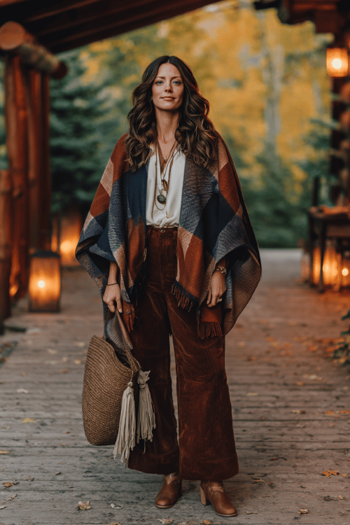 woman with soft dark wavy hair wearing a luxuriously soft oversized blanket poncho in a warm rust and navy plaid pattern over a simple white flowy boho blouse