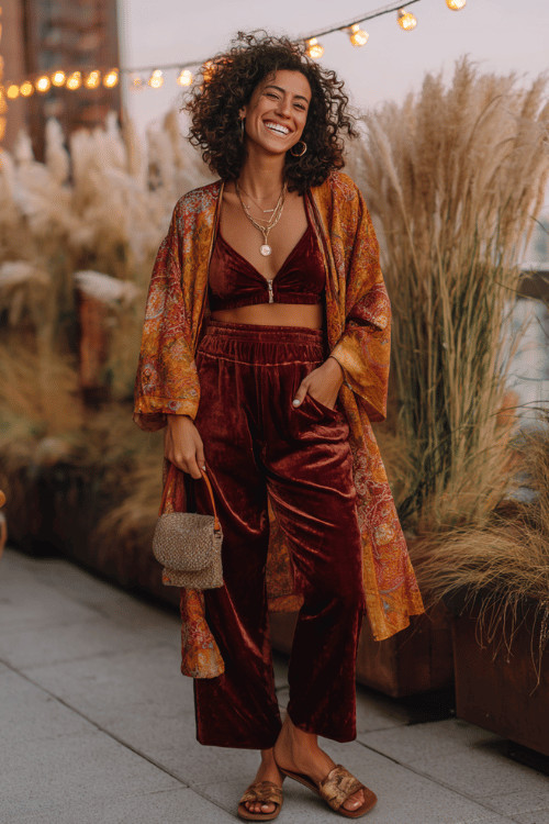 woman with voluminous dark curly hair wearing a buttery soft velvet tracksuit in deep burgundy with wide-leg pants and an oversized zip-up top, a long printed boho kimono