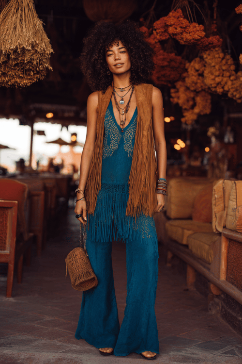 woman with voluminous dark curly hair wearing a hand-embroidered bohemian tunic in deep teal and gold over straight-leg camel trousers, a long fringed suede vest layered over the top