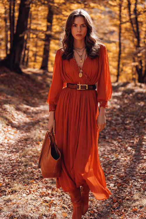 woman with warm brunette waves wearing a flowing rust-orange maxi dress with long sleeves and delicate lace trim, a wide brown leather belt cinching the waist