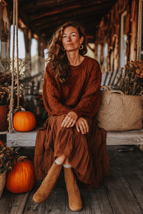 woman with warm chestnut waves wearing a oversized chunky cable-knit sweater in deep rust tucked loosely into a flowy tiered maxi skirt in warm earthy brown tones