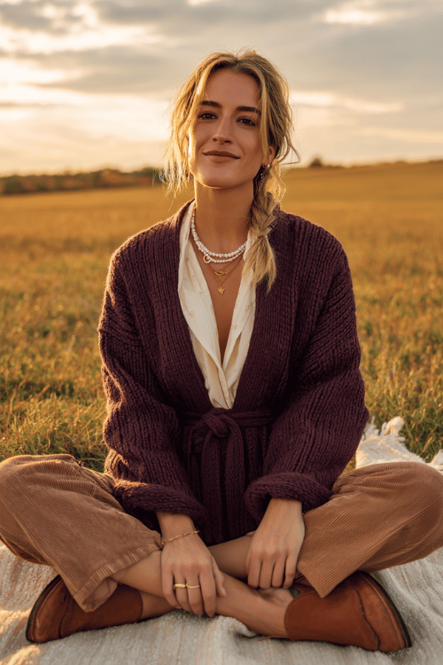 woman with warm highlighted hair in a loose low braid wearing a generous wrap cardigan in a soft deep plum knit with wide lapels and a self-tie belt, a flowy cream boho blouse underneath