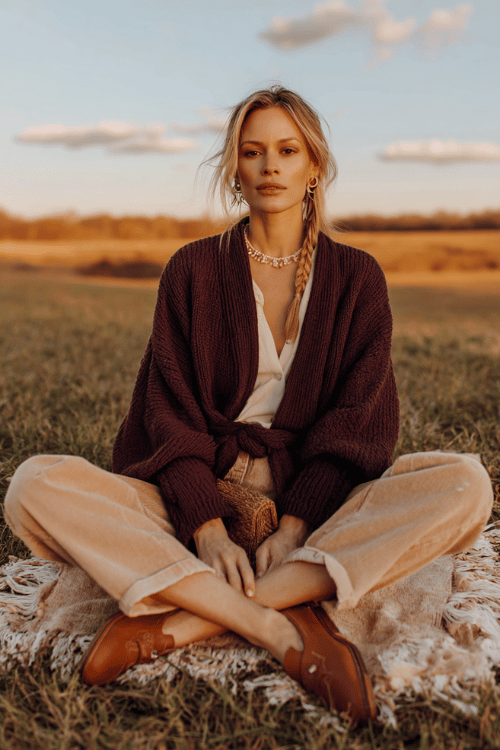 woman with warm highlighted hair in a loose low braid wearing a generous wrap cardigan in a soft deep plum knit with wide lapels and a self-tie belt, a flowy cream boho blouse underneath