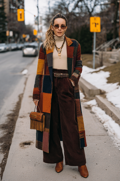 woman with warm highlighted hair in a sleek ponytail wearing a vintage-inspired patchwork boho coat in shades of rust, mustard, and navy over a simple cream turtleneck