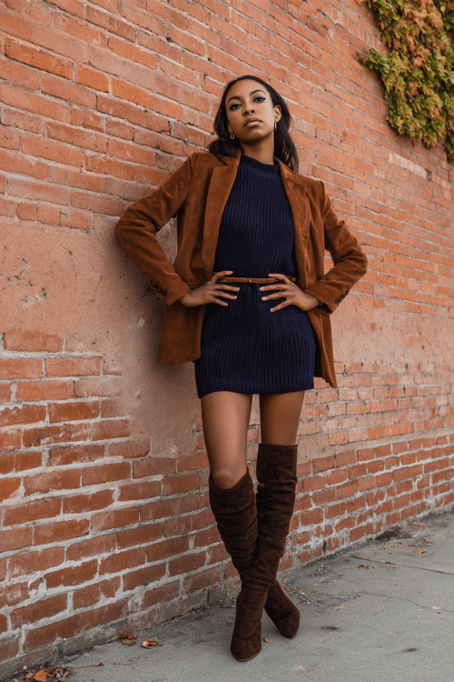 A Black woman dressed in a deep navy knit sweater dress with a belted waist, layered with a tailored rust-toned blazer, wearing over-the-knee boots in dark brown suede
