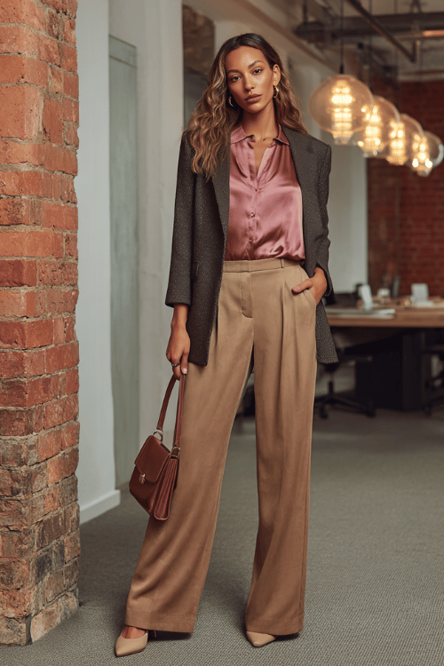 A woman in a dusty rose silk blouse tucked into wide-leg camel trousers, layered with a fitted charcoal wool blazer and pointed-toe nuetrtal block heels, carrying a structured leather shoulder bag