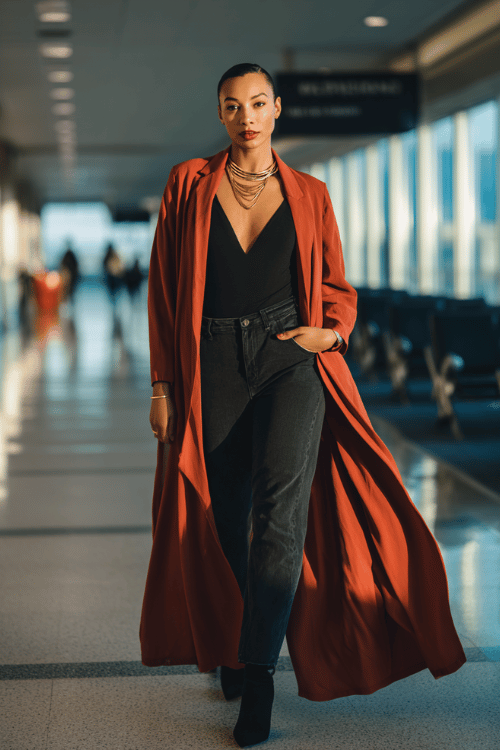 Black woman at an airport arrivals hall, dressed in a bold rust-red longline blazer worn as a coat, black bodysuit, high-waist dark jeans, and pointed-toe black heeled boots