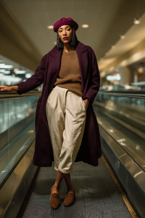 a Black woman ascending an airport escalator, wearing a deep plum wool beret, a matching oversized plum coat, caramel knit sweater underneath, slim-fit beige trousers, and brown mules