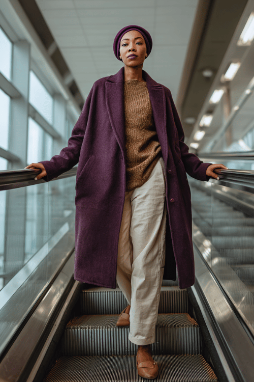 a Black woman ascending an airport escalator, wearing a deep plum wool beret, a matching oversized plum coat, caramel knit sweater underneath, slim-fit beige trousers
