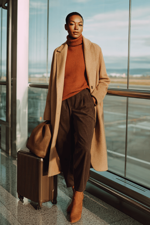 a Black woman at a modern airport terminal, wearing a camel wool coat over a rust-orange turtleneck sweater, tailored dark brown trousers, and cognac leather ankle boots