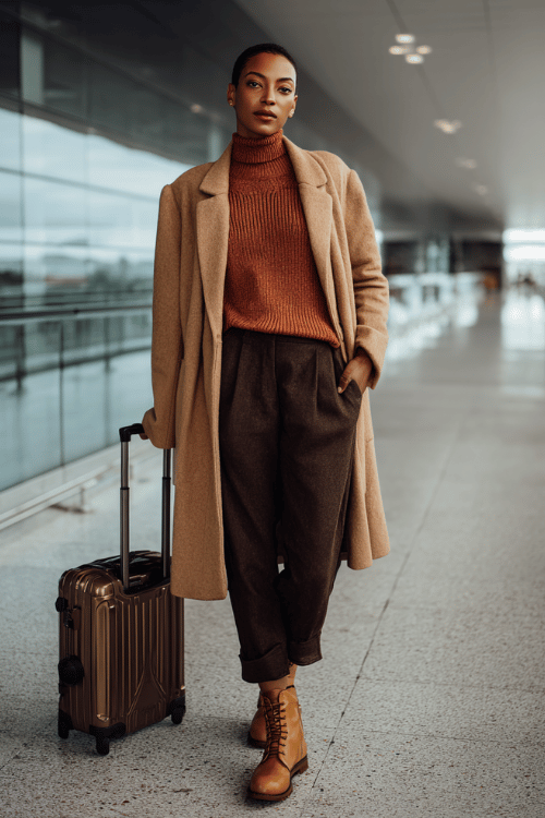 a Black woman at a modern airport terminal, wearing a camel wool coat over a rust-orange turtleneck sweater, tailored dark brown trousers, and cognac leather ankle boots