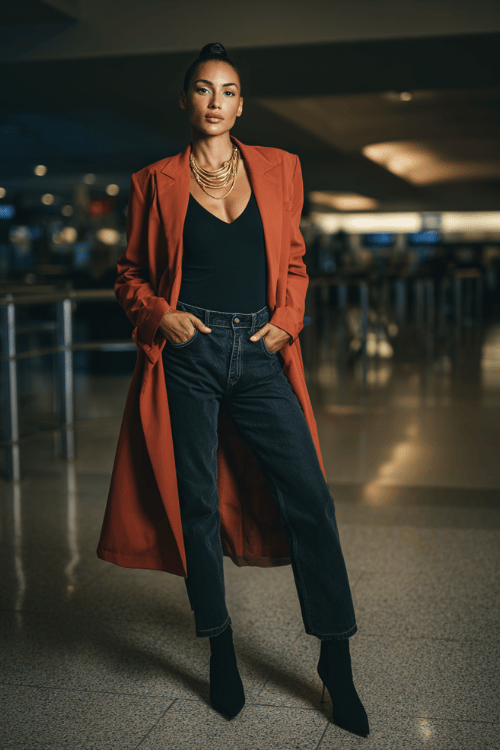 a Black woman at an airport arrivals hall, dressed in a bold rust-red longline blazer worn as a coat, black bodysuit, high-waist dark jeans, and pointed-toe black heeled boots