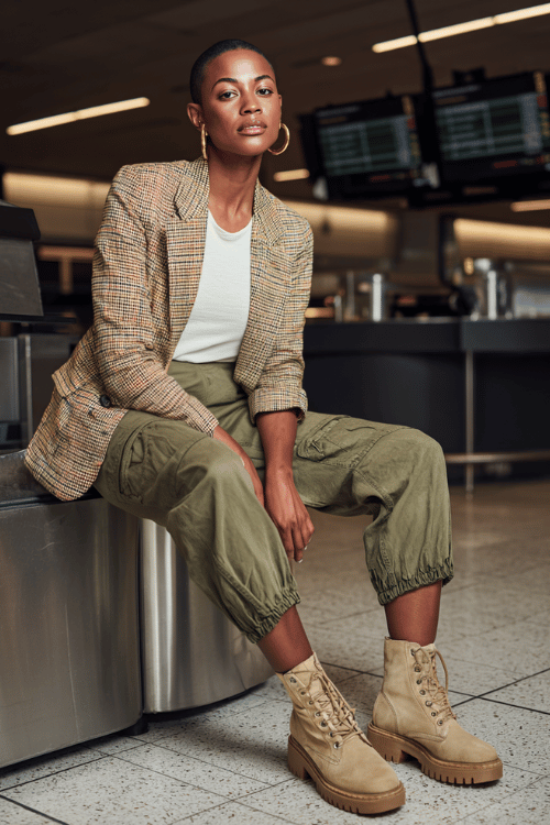 a Black woman at an airport check-in counter, wearing a tan plaid blazer, olive green cargo pants, white fitted tee, and tan lug-sole boots, gold hoop earrings 