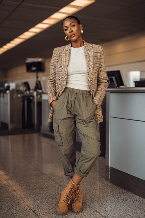 a Black woman at an airport check-in counter, wearing a tan plaid blazer, olive green cargo pants, white fitted tee, and tan lug-sole boots, gold hoop earrings
