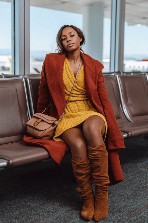 a Black woman at an airport gate seating area, wearing a burnt sienna wrap coat, mustard yellow knit dress, opaque tights, and knee-high brown leather boots