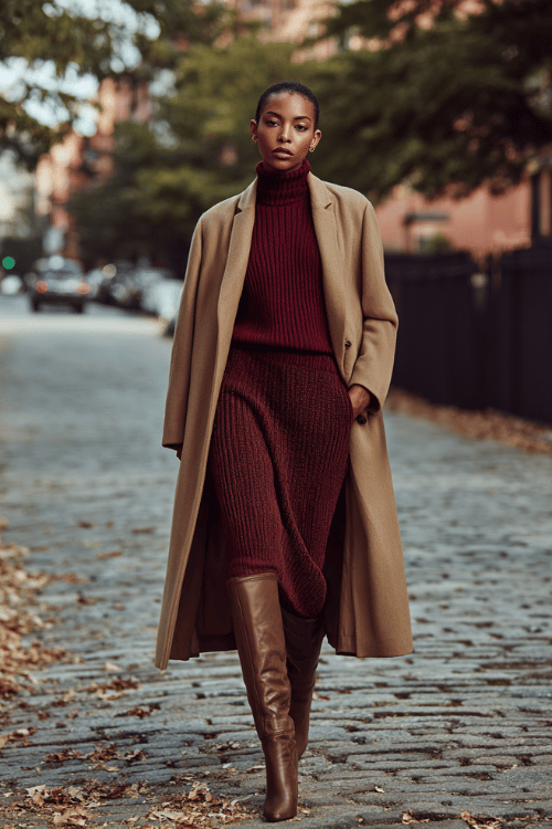 a Black woman dressed in a rich burgundy knit midi skirt and a matching ribbed turtleneck, layered with a long camel overcoat, wearing knee-high leather boots 